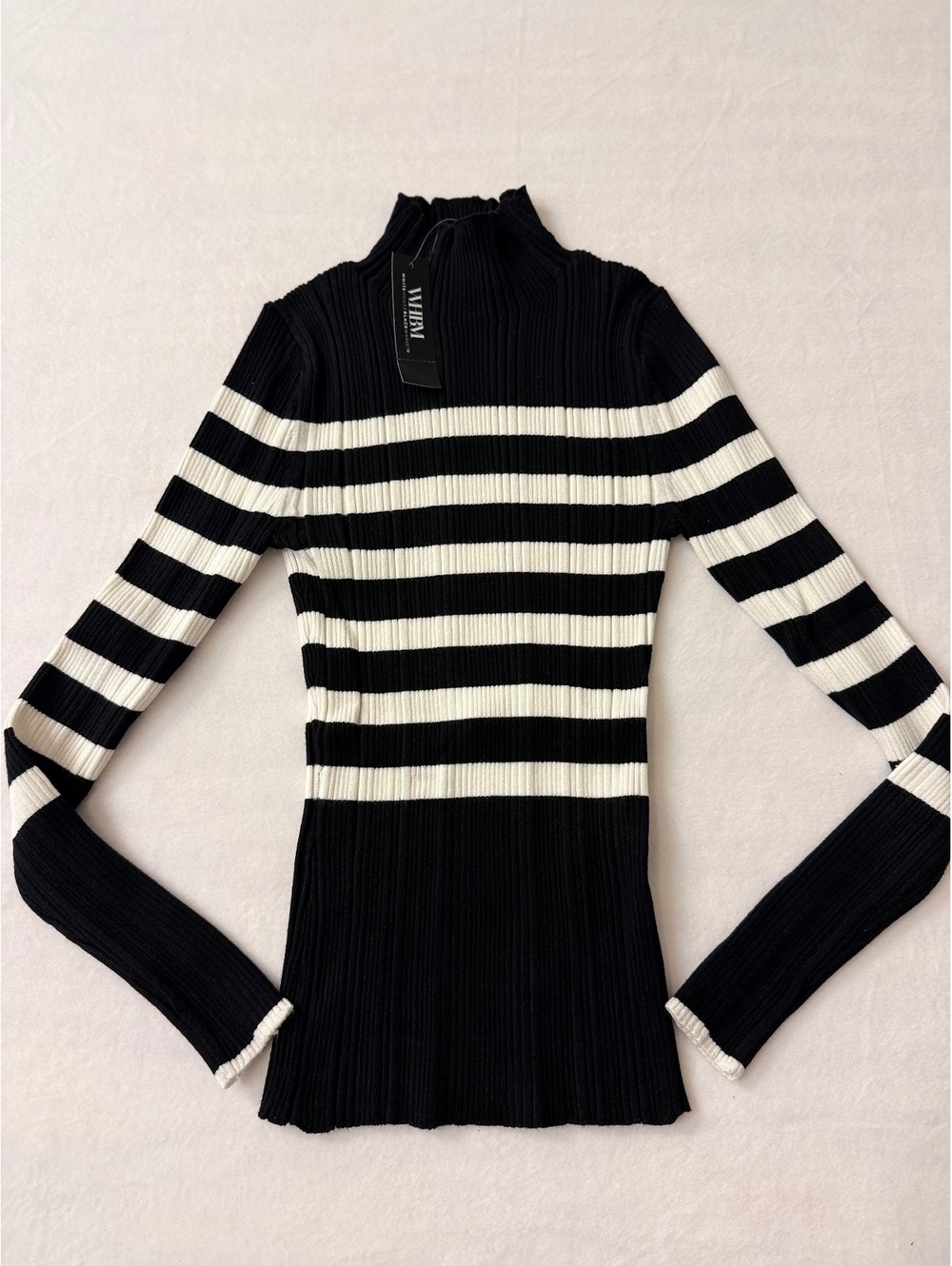 NWT WHBM Black and White Striped Ribbed Mock Neck Sweater XS French Minimalist